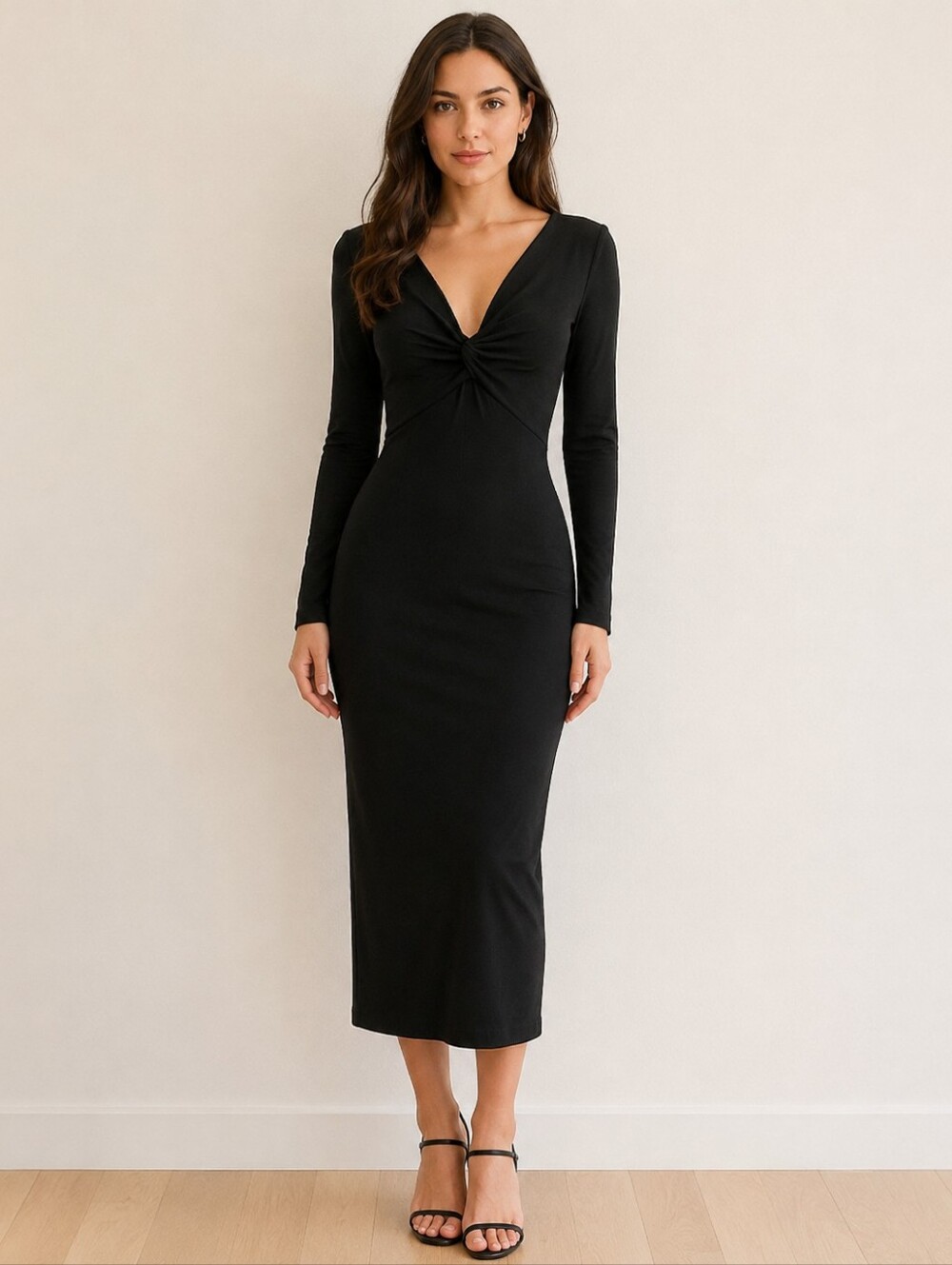 Vtg Chico’s Travelers Black Twist Front Midi Dress Size 2 (L) Made USA Cocktail